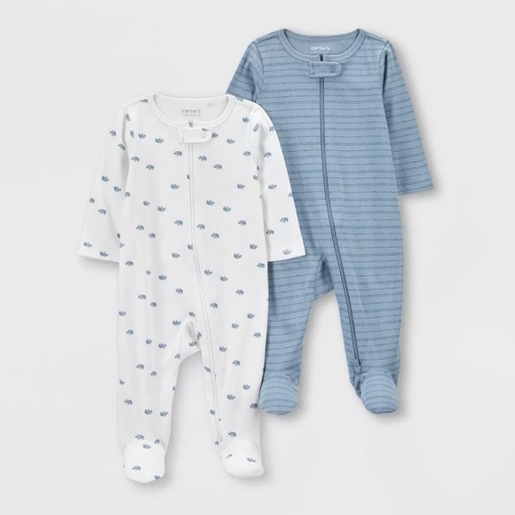 Carter’s 100% Cotton White/Blue Printed Sleep & Play 2-Piece Romper Set - Picture 1 of 3